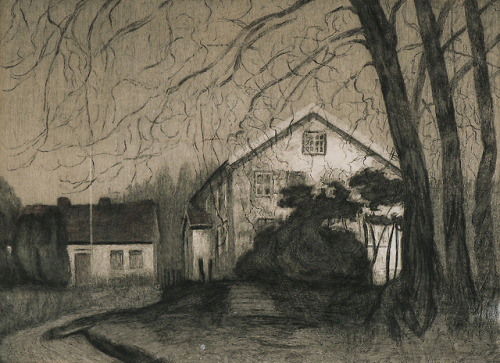 huariqueje:Midnight   -   Harald Sohlberg, 1914.Norwegian, 1869-1935Etching, 46,80 x 63,80 cm.