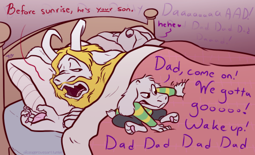 chrisnpics:aliceapprovesart:The Monster King Saw this really cute video of Asriel as Simba and it made me think of Asriel trying to wake up Asgore in the morning like Simba. A good opportunity to draw the goat family. BONUS: Movie night with the family.