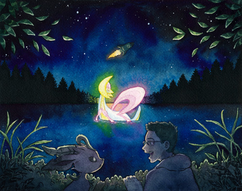 revilonilmah:A Trainer and his pal, Leafeon, have a close encounter with Cresselia! This was a commi