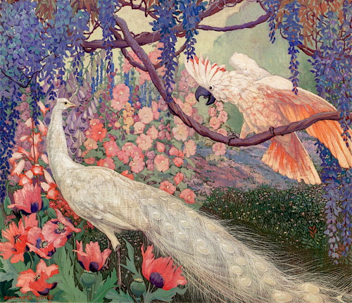 dappledwithshadow:Peacock and Cockatoo in a Garden LandscapeJesse Arms Botke - 1927 Private collecti