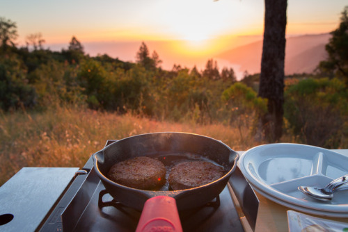 Big Sur at sunset with a nice assortment of vegan camp food. Beyond Burgers with Upton’s Bacon