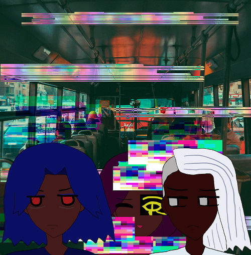 the triplets are behind everyone in a glitching bus ride in egypt where it's very dark and full of people who are not looking at at them. antonio's frowning and not getting any sleep with red eyes irritated and brows drawn. he has blue hair like waves. behind him is a strange fernando who is glitching and smiling but has the eye of horus in gold in front of his left eye. raj is frowning as he stares at antonio next to him with dark brown skin and falling silver hair that's flipped. there's no rose arch.