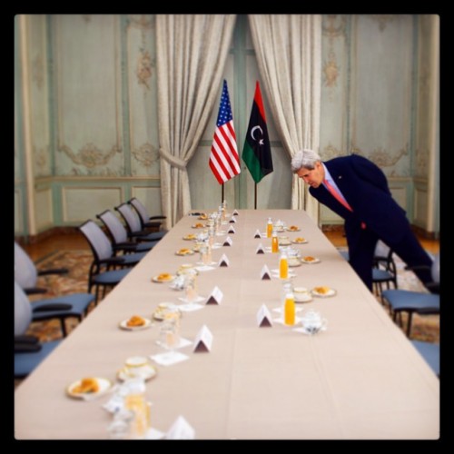 statedept:#SecKerry checks name cards before beginning a bilateral meeting with #Libya’s Foreign Min