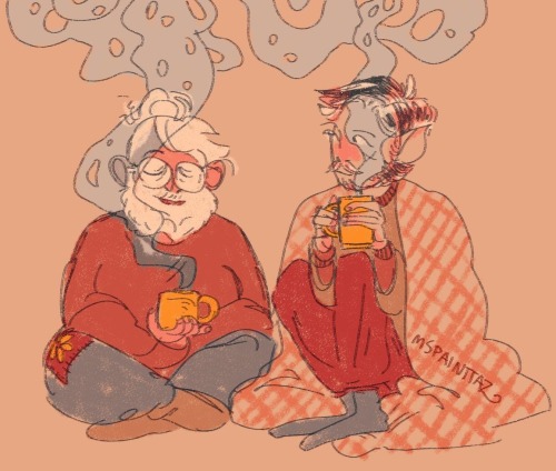 mspainttaz:[i.d. Davenport and Merle sitting on the floor with steaming mugs in their hands that are