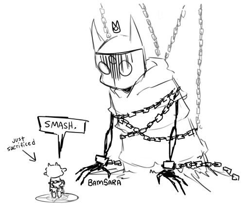 Lamb from Cult of the Lamb in their start of story outfit standing underneath The One Who Waits. The Lamb is saying 'Smash'.