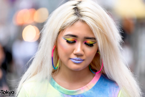 tokyo-fashion: 22-year-old Yuu on the street in Harajuku with rainbow eye makeup, and ANAP dip-dye crop top, F21 cutoff shorts, Baby Shoop platform sandals, and WEGO purse. Full Look