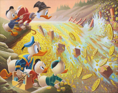 Carl Barks. Dam Disaster at Money Lake (1986). Painting based on the 1952 story, Only a Poor Old Man