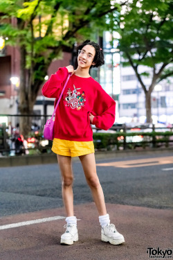 tokyo-fashion:  16-year-old Japanese student Soso on the street in Harajuku wearing a colorful 1980s inspired look with items from Looney Tunes, Peco Club, WC Harajuku, and Yosuke. Full Look