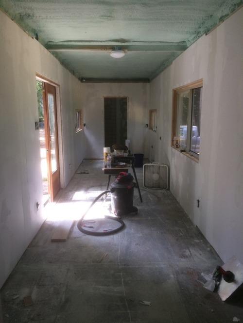 The roof is coming along and the drywall is almost finished.