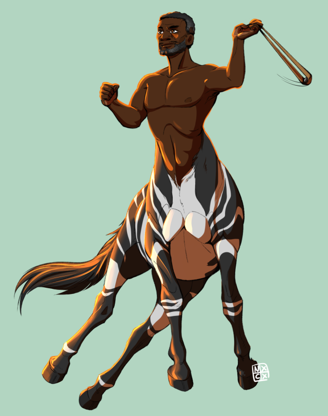 A centaur mid jump. His upper half is a dark skinned black man. His expression is daring. He is swinging a sling with a small stone in it. His other half is a zebra with bold black stripes and black legs. 