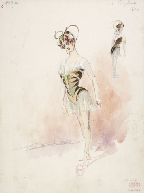 Le lac des aulnes,20 maquettes de costumes,Six grillons, 1er acte, élèves.Art by Charles Bétout.(186
