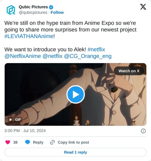 We're still on the hype train from Anime Expo so we're going to share more surprises from our newest project #LEVIATHANAnime!
We want to introduce you to Alek! #netflix@NetflixAnime @netflix @CG_Orange_eng pic.twitter.com/tI9fJYKoIV
— Qubic Pictures (@qubicpictures) July 10, 2024