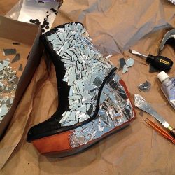 fancybidet:  peckishmoon:  strawberreli:  eldritchjoy:  ktshy:  lotus-eater:  taherehmafi:  the evolution of the SHATTER ME shoes! i made these using a pair of old boots, lots of broken mirrors, and some pretty intense adhesive. thanks to ransom riggs