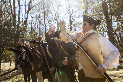Scenes from the inspection of arms and accoutrements prior to Patriots&rsquo; Day at the Minuteman N