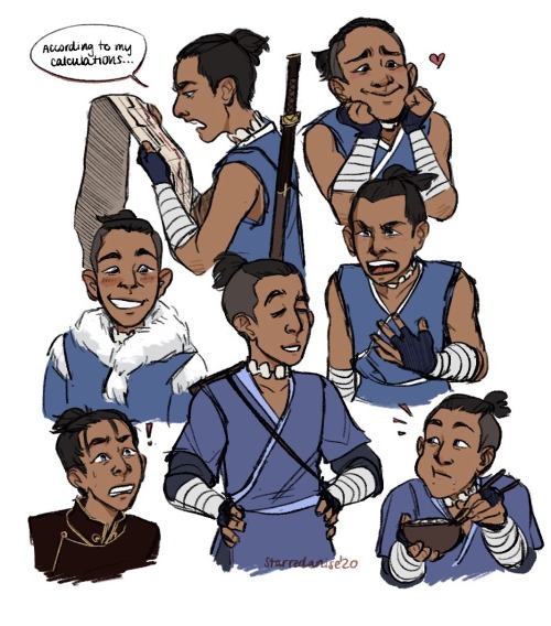 transtenzin:  starredanise:as a matter of fact, i love him [ID: severalcolored digital drawings of Sokka from Avatar: the Last Airbender. In the first drawing, Sokka is drawn from the chest up, facing to the side. His sword is strapped on his back. Sokka
