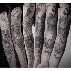 electrictattoos:  ienlevin:  Full sleeve for Löu in progress. 2nd and 3rd sessions. (в Λ T E L I E R N O I R)  Ian Levin