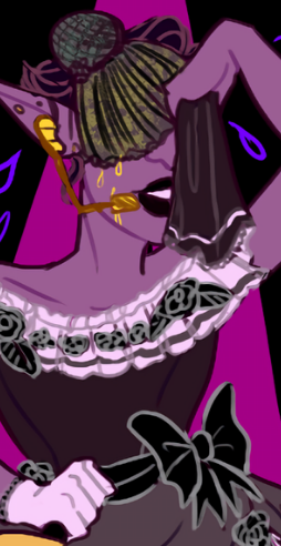 soledadcatalina:[ID: A four image photoset of vogue elf Lydia, a purple skinned dark elf with short 