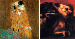 celinesymbiosis:    Solda Gustav Klimt kadını öpücüğüyle diz çöktürmüş,  sağda Franz von Stuck öpücüğüyle erkeğe diz çöktürmüş.    