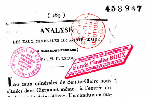 Stamp spectrum. From p. 289 of Les Eaux Minérales de Sainte-Claire à Clermond-Ferrand by Henri Lecoq