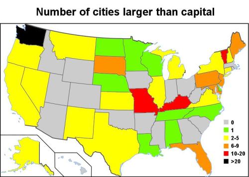 laleiragoblin:thelandofmaps:By request: Number of cities larger than US state capitalsCLICK HERE FOR