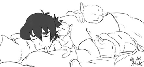 lupineart:Just a fast little something. Keith resting and dozing with some Galra pups in a cudd