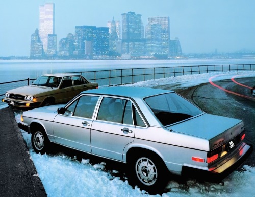 crazyforcars:  Audi 5000 against a lower Manhattan backdrop.   Called the 100/200 elsewhere, US versions also had quad round headlamps at first, then quad rectangular ones… 