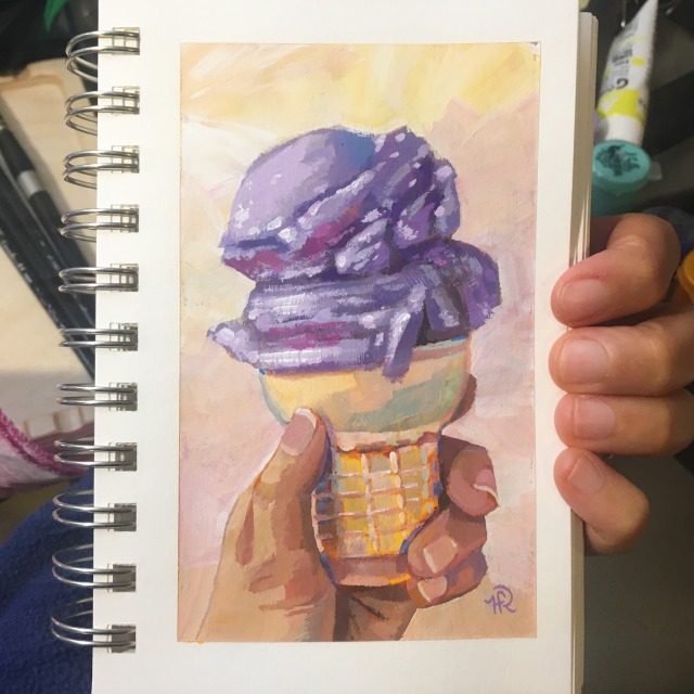 a painting of a hand holding a sugar cone with two scoops of huckleberry ice cream.