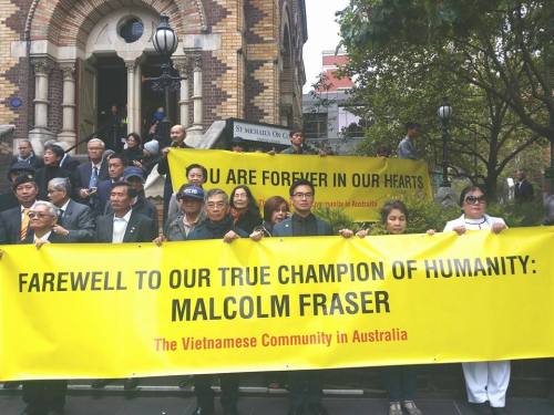 The Australian Vietnamese community outside Scots Church for Malcolm Fraser’s funeral. Under h