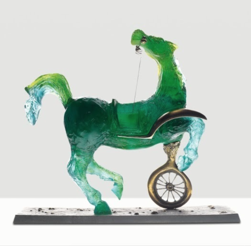 surrealism:  Debris of an Automobile Giving Birth to a Blind Horse Biting a Telephone by Salvador Dalí, 1988. Green glass paste and bronze, 17 ½ inches. Robin Rile Fine Art, Miami, FL.
