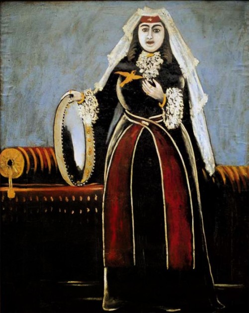 artist-niko-pirosmani: Georgian woman with tambourine, Niko PirosmaniMedium: oil,oilcloth