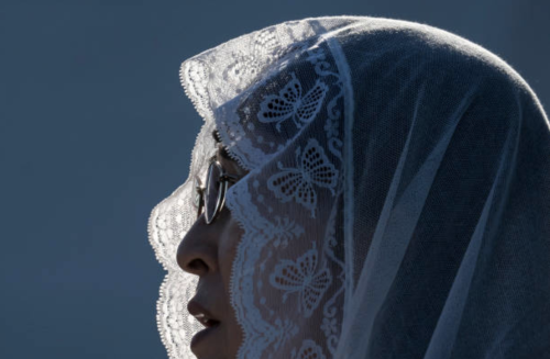 Christian Japanese Women attend a Holy Mass celebrated by Pope Francis at Nagasaki Baseball Stadium 