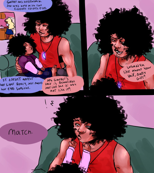 askthefamilyoflove:  Sapphire: *Giggle* Garnet likes having her hair out and natural just like her Mama. I dye my hair since I enjoy the color, my hair is naturally a light brown~. Garnet: Mama’s cryin’… Sapphire: Those are good tears baby. Ruby:
