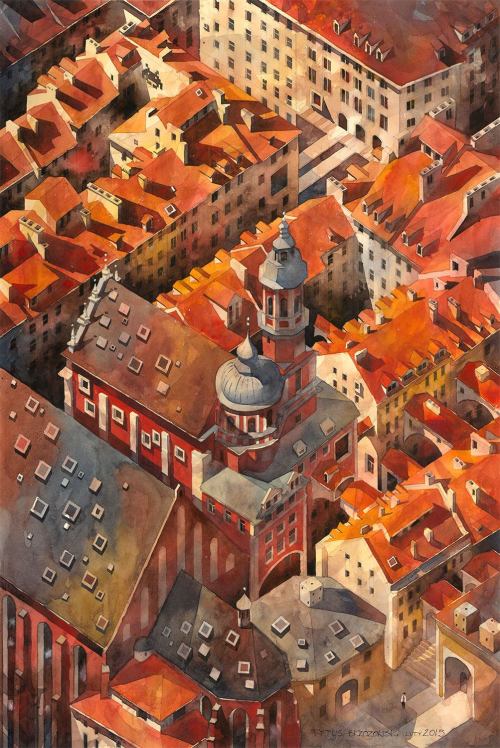 lamus-dworski:Re-imagined views of Warsaw on watercolor paintings by Tytus Brzozowski.