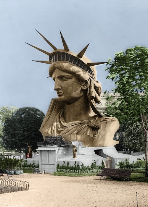 historicaltimes:  Statue of Liberty in Paris 1878. Colorized photo of the head of the Statue of Liberty as displayed at the Paris World Fair 1878. via reddit