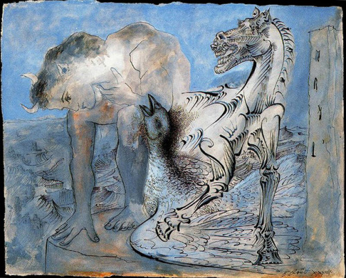 artist-picasso: Faun, horse and bird, 1936, Pablo PicassoMedium: indianink,watercolor,paperw