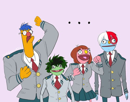 curioscurio:  Quirk: Muppetization!Kermit-San’s quirk can turn anyone he makes direct eye to eye contact with into a muppet! Side effects include disorientation, clumsyness, and a decrease in maneuverability. Thank you to everyone who submitted quirks!