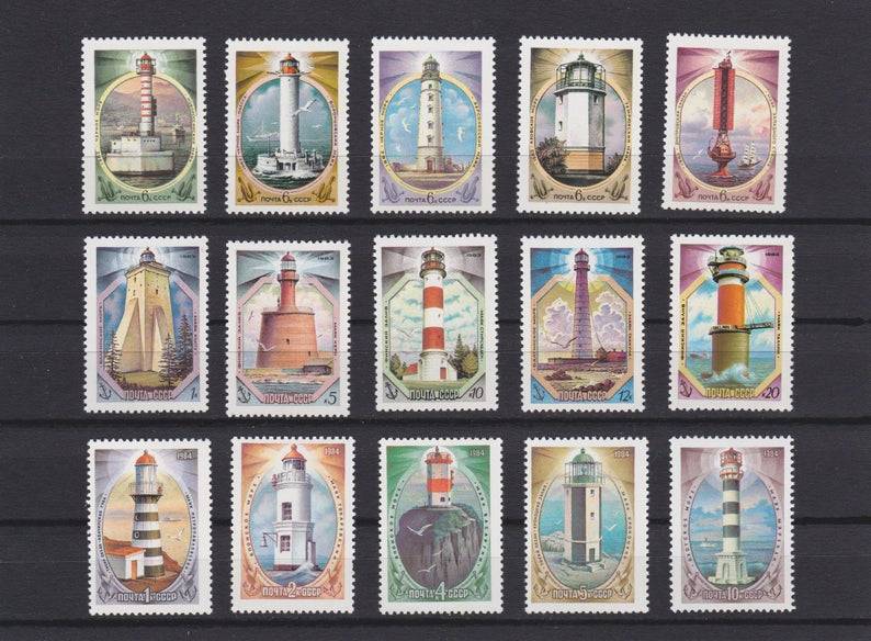 Vintage stamps. Lighthouses of Soviet Union - complete collection of 3 issues (1982, 1983, 1984)