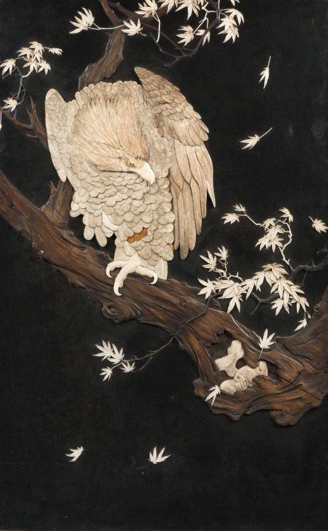 beardbriarandrose:A Japanese lacquer, ivory, bone and rosewood panel, Meiji period, late 19th centur
