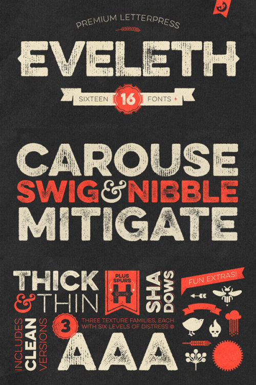 Eveleth, a Letterpress Font Family Eveleth is a versatile vintage inspired letterpress font family by Yellow Design Studio. The family includes different styles and lots of icons, shapes, and emblems.
Read more about the Eveleth letterpress font...