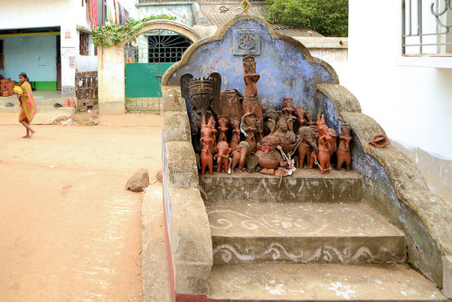 A Devi street shrine with horse terracotta offerings, Bengal