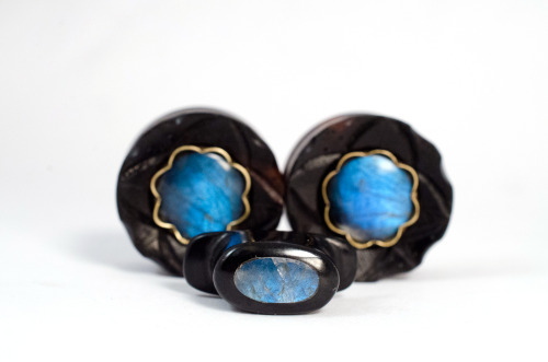 heartonsleevejewelry:  1 inch ebony, labradorite, and brass settings 15 mm black nephrite with labradorite 