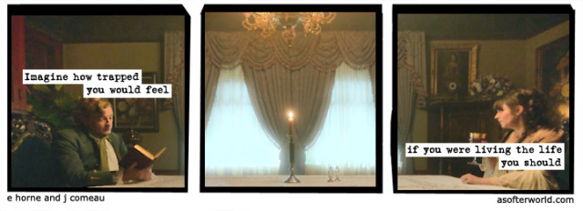 A Softer World/Our Flag Means Death comic remix. The first panel shows Stede sitting on one side of a table reading a book with the text "Imagine how trapped you would feel". The second panel shows the middle of the table with a single candle in the middle. The third panel shows Mary sitting at the other end of the table drinking wine with the text "if you were living the life you should"