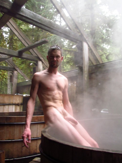 Bro hanging out naked at the hot tub