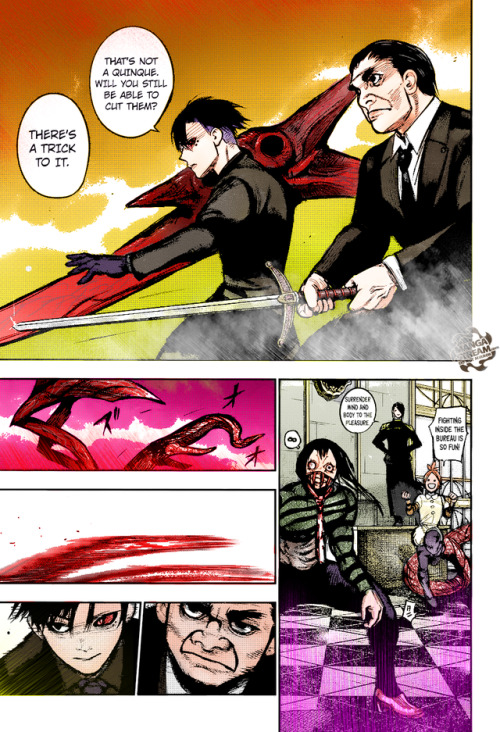 Tokyo Ghoul :re Chapter 134 Kuki Urie & Iwao Kuroiwa VS. Roma & Shikorae(rio) Coloured.Imgur album: http://imgur.com/a/vUonb