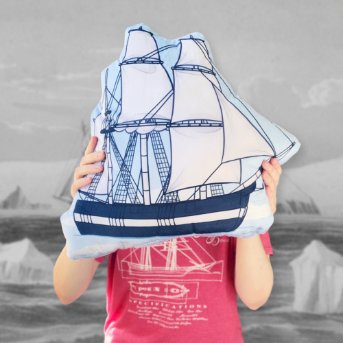 astralwhat:[Image description: Two photos of a tall ship pillow.]one more shill for my shop, ‘tis th