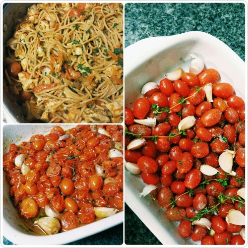 riasrecipes:
“Roasted garlic & Cherry Tomato Sauce
2 pints cherry tomatoes
10 garlic cloves (unpeeled)
¼ cup evoo (you can use 2 tbsp. of evoo and 2 tbsp. chicken broth for less fat)
sprigs of fresh thyme (you can used dried also 1 tsp)
sea salt and...