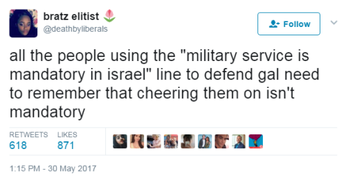 ifuckgod:  wolveria: Also, refusing to serve in the IDF is a thing.  why dont u guys reblog this i seen some of y’all reblog her support your fave 
