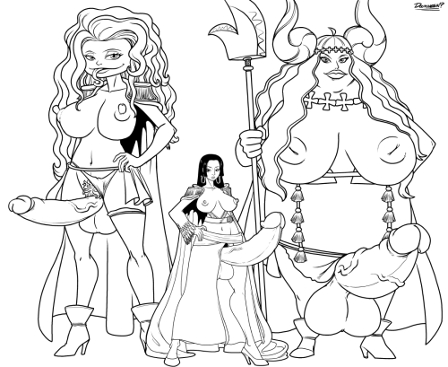 doomington:  Stream Pics!The Boa sisters showing off their throbbing namesakes. (What? Snakes? Nah, surely “boa” is a reference to dongs right? Right?)The sisters were originally drawn separately (Well, Sandersonia and Marigold where together, but