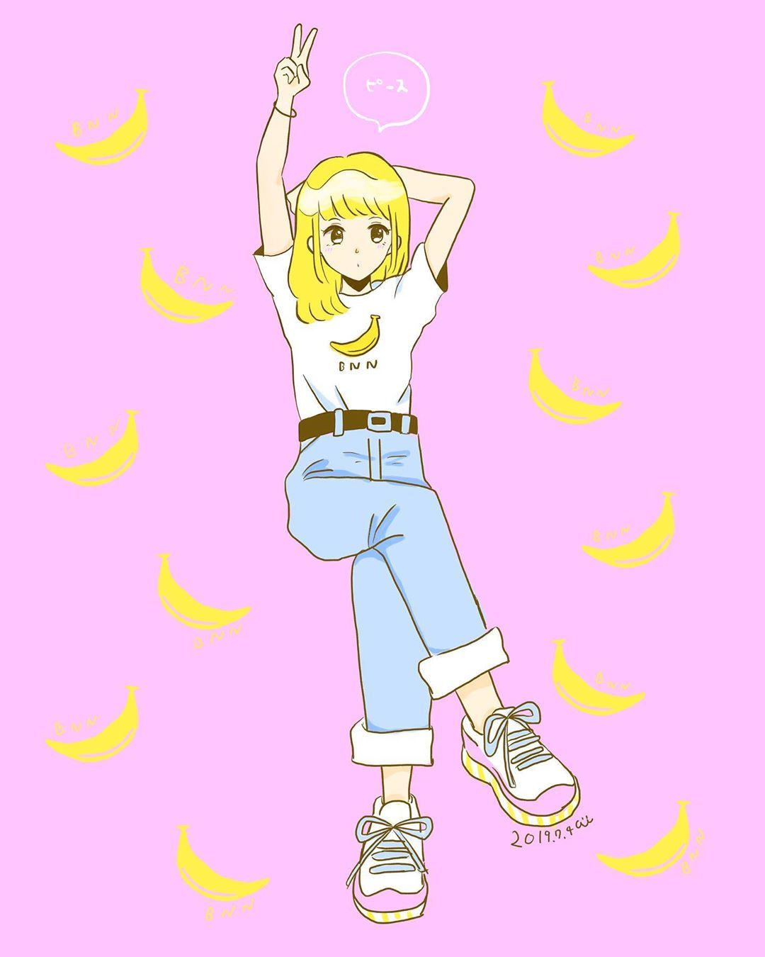 Chiharu Masazaki Illustration Portfolio バナナ 娘がものすっっごいバナナを食べるので 無意識にバナナ Tシャツ着せてました