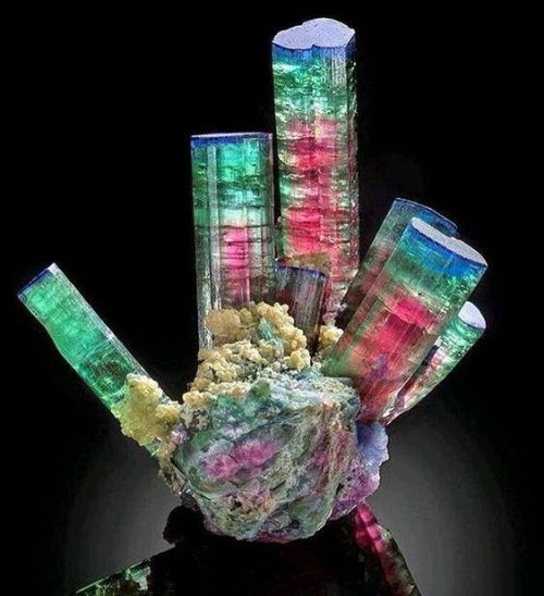 themineralandgemnephilim: Blue Cap Watermelon tourmaline clusterAfganistanScientific Facts,Luster: V